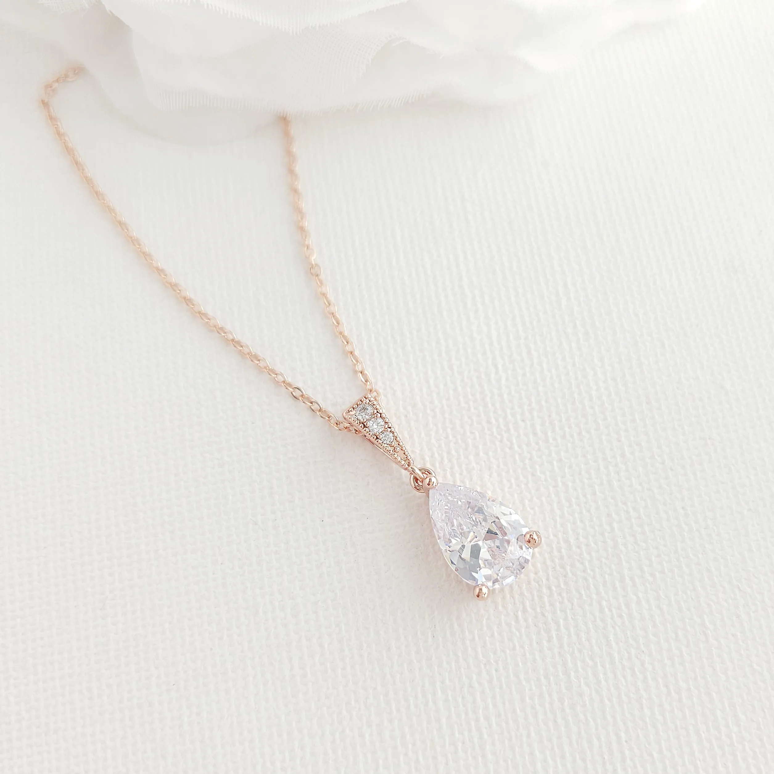 Single Teardrop CZ Necklace for Brides and Women- Nicole