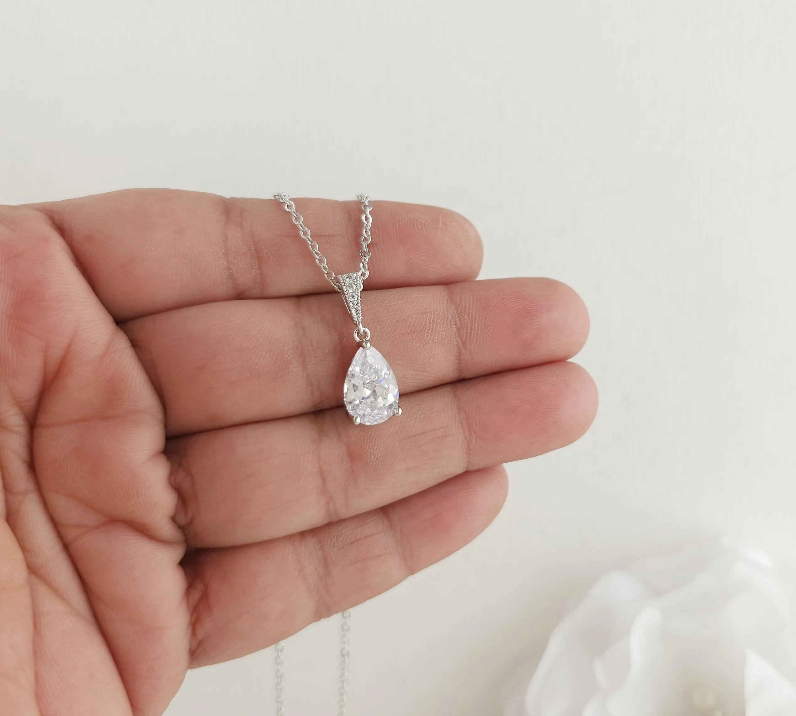 Single Teardrop CZ Necklace for Brides and Women- Nicole