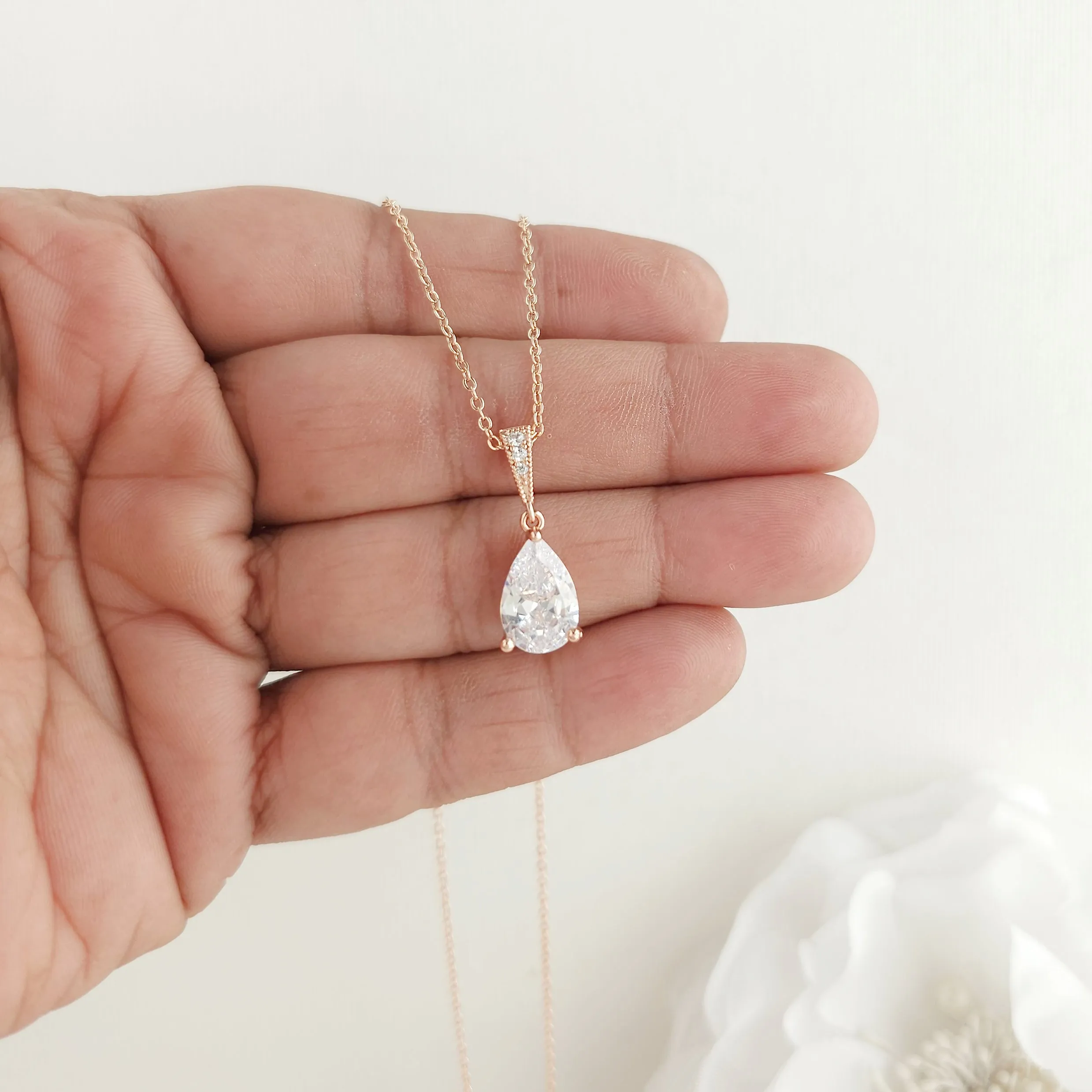 Single Teardrop CZ Necklace for Brides and Women- Nicole