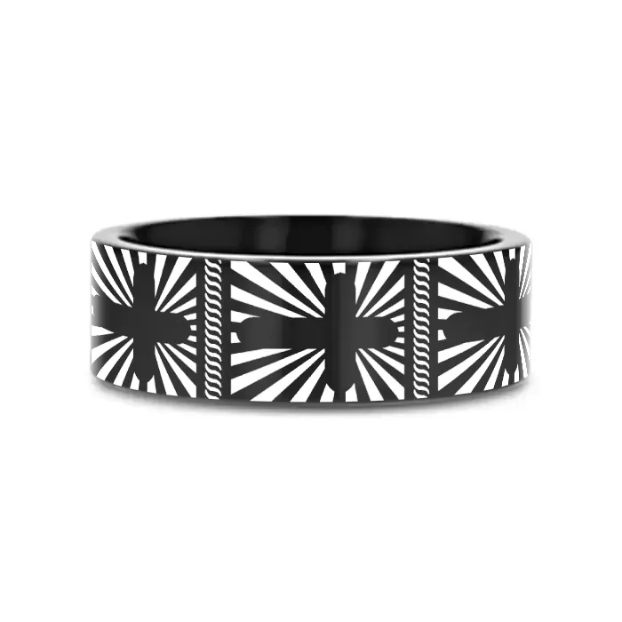 SUNBURST CROSSES on Black Flat Tungsten Carbide Ring