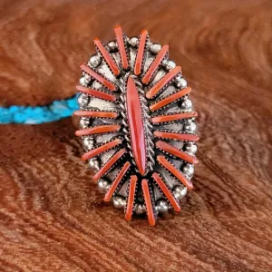 Traditional Zuni Coral Needlepoint Ring BB-RNG-0013