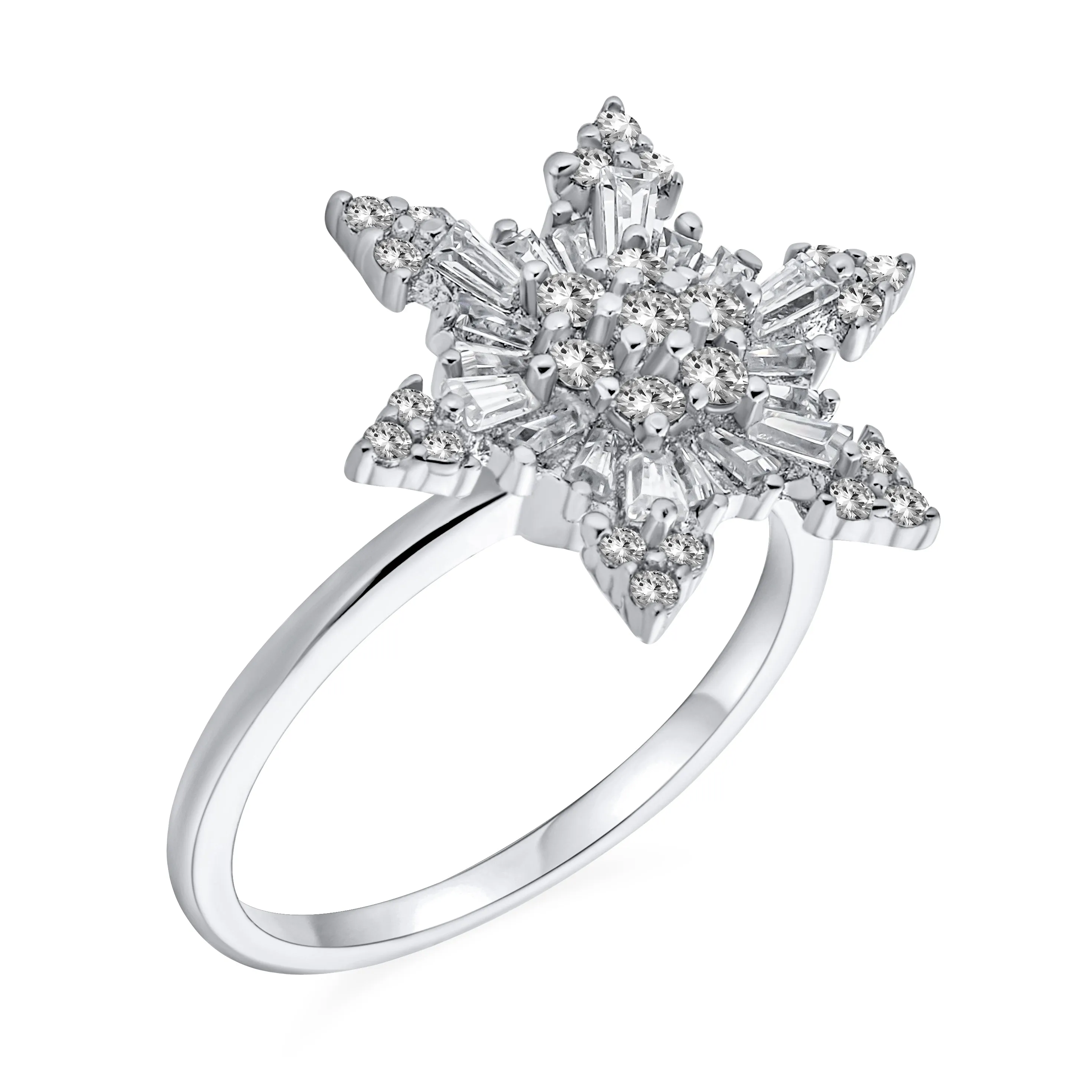 Winter Holiday Cocktail Statement Ring: Clear CZ Flower Snowflake Spinner Sterling Silver