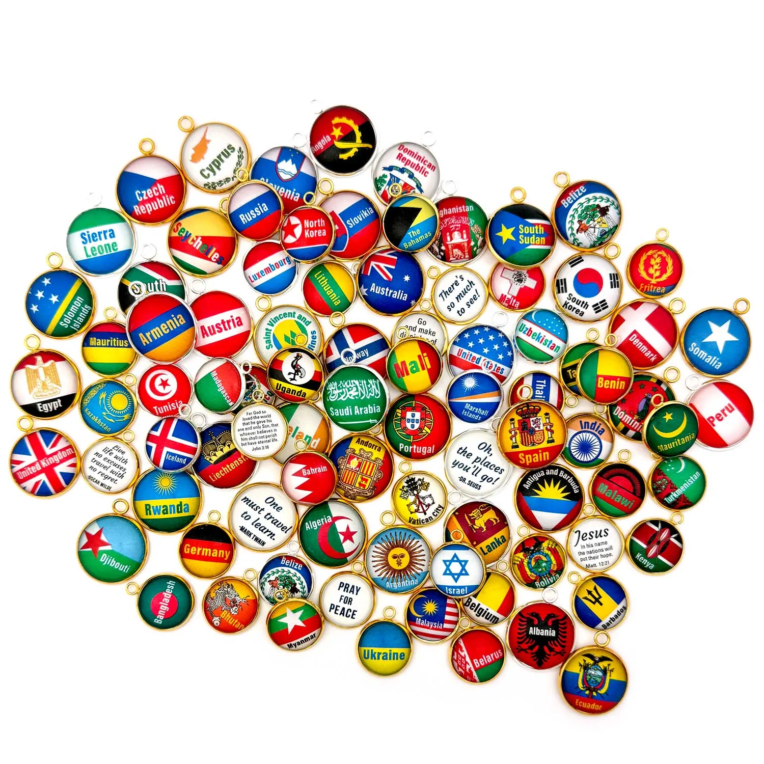 World Traveler Flags Charms – Country Flags Glass Charms for Jewelry Making, Full Color, 16mm or 20mm, Silver, Gold